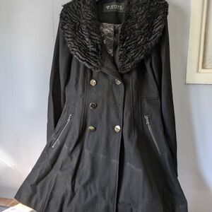 Guess Women's Black Coat with Faux Fur Collar